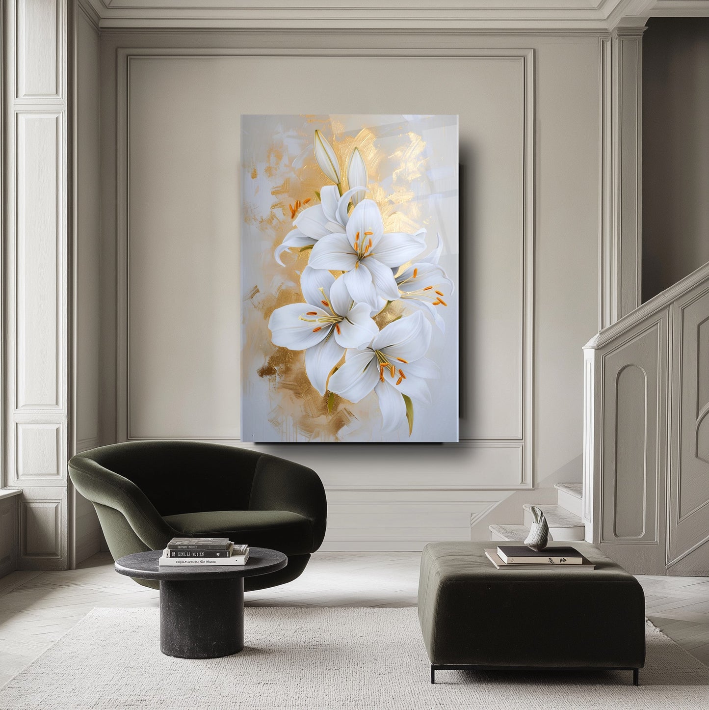 Gold Detaylı Çiçekler Cam Tablo