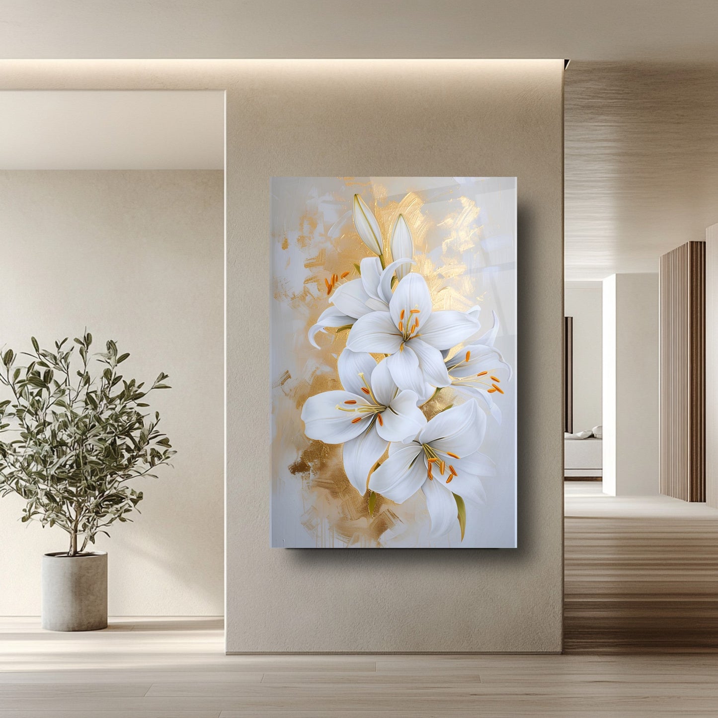 Gold Detaylı Çiçekler Cam Tablo