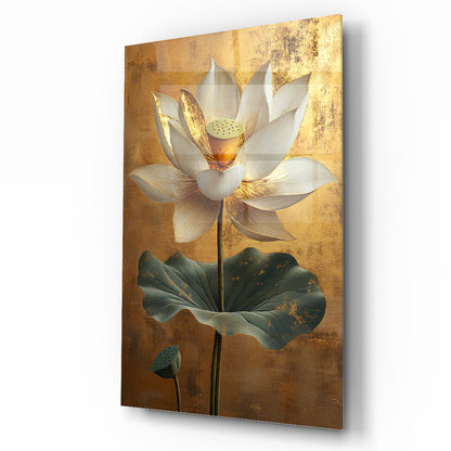 Gold Detaylı Beyaz Çiçek Cam Tablo