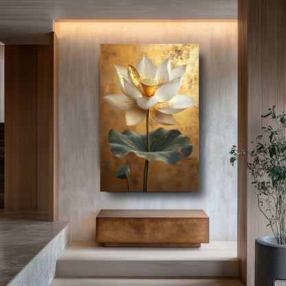 Gold Detaylı Beyaz Çiçek Cam Tablo