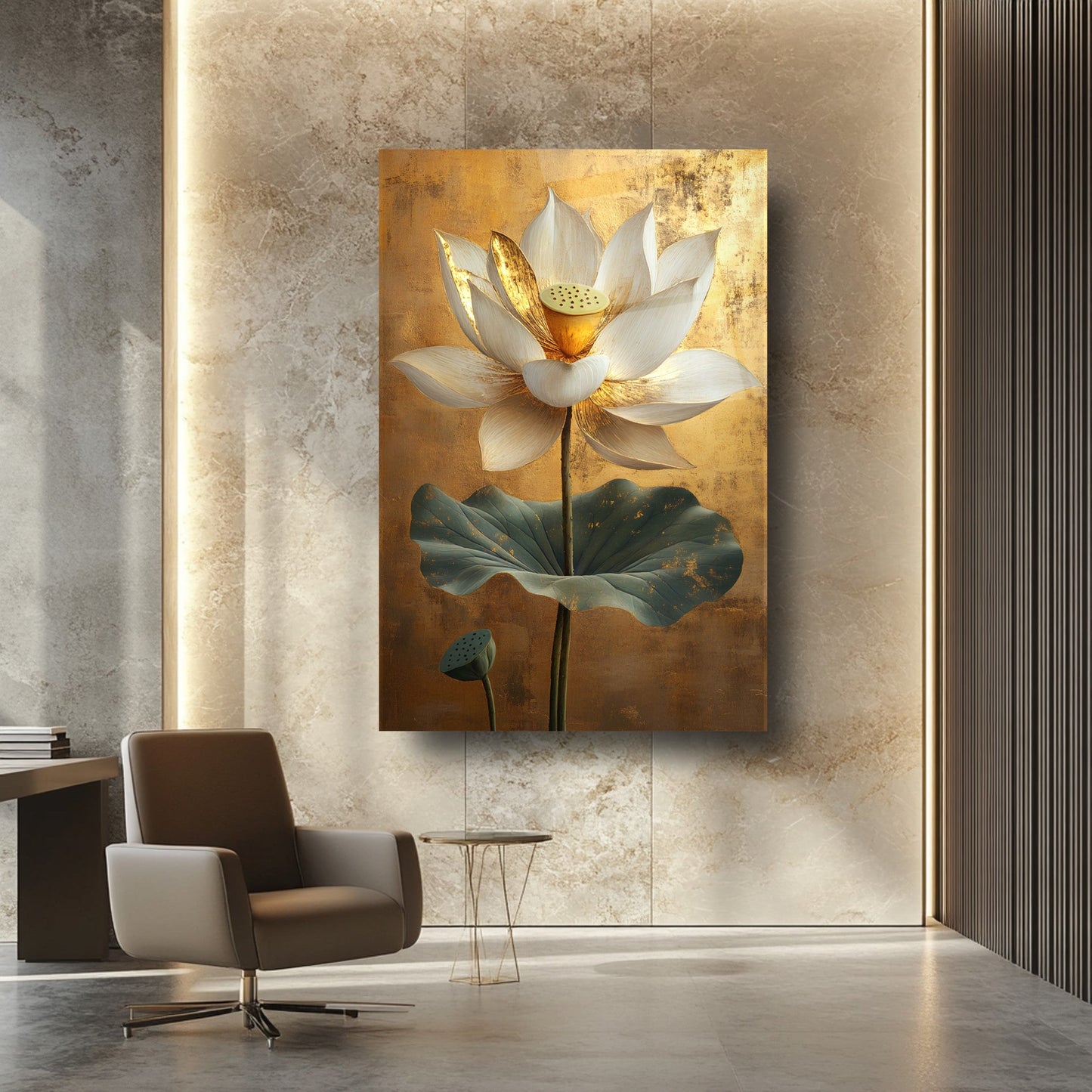 Gold Detaylı Beyaz Çiçek Cam Tablo