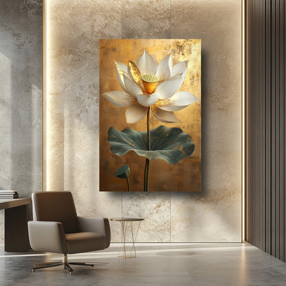 Gold Detaylı Beyaz Çiçek Cam Tablo