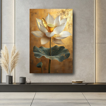 Gold Detaylı Beyaz Çiçek Cam Tablo