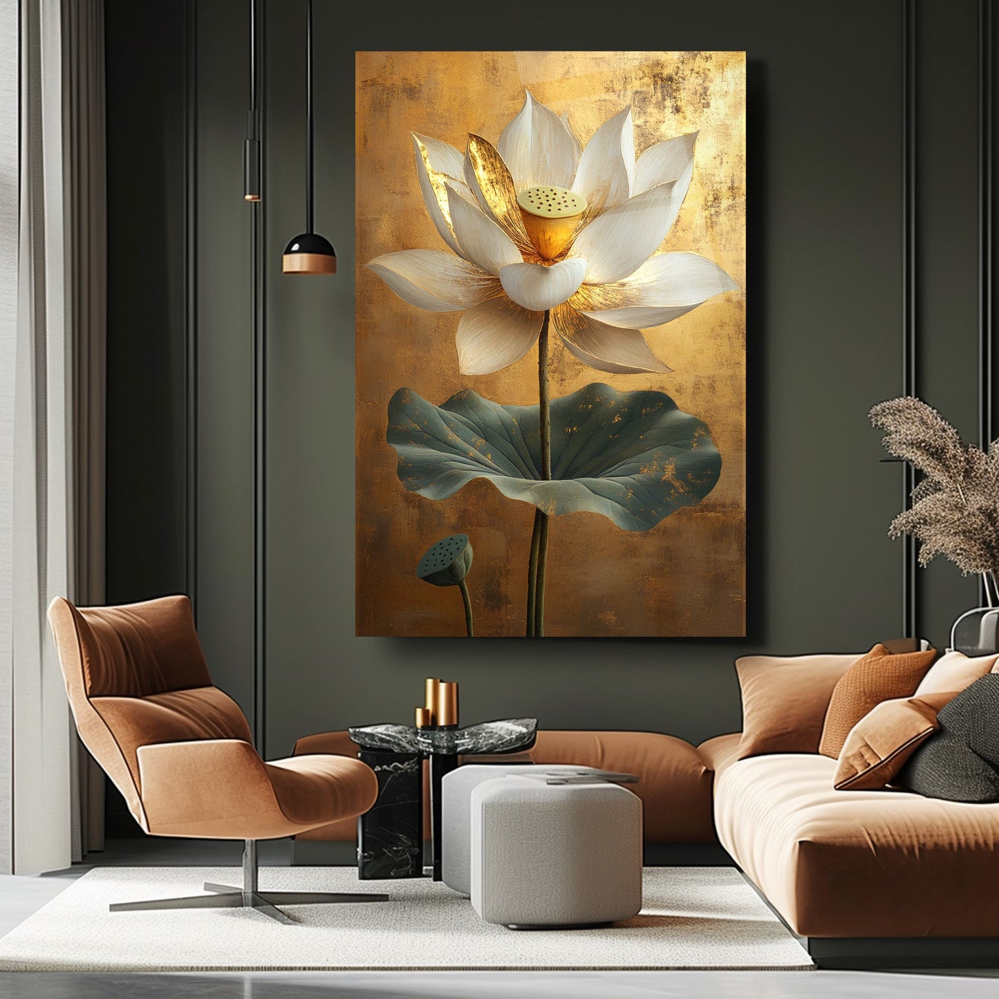 Gold Detaylı Beyaz Çiçek Cam Tablo