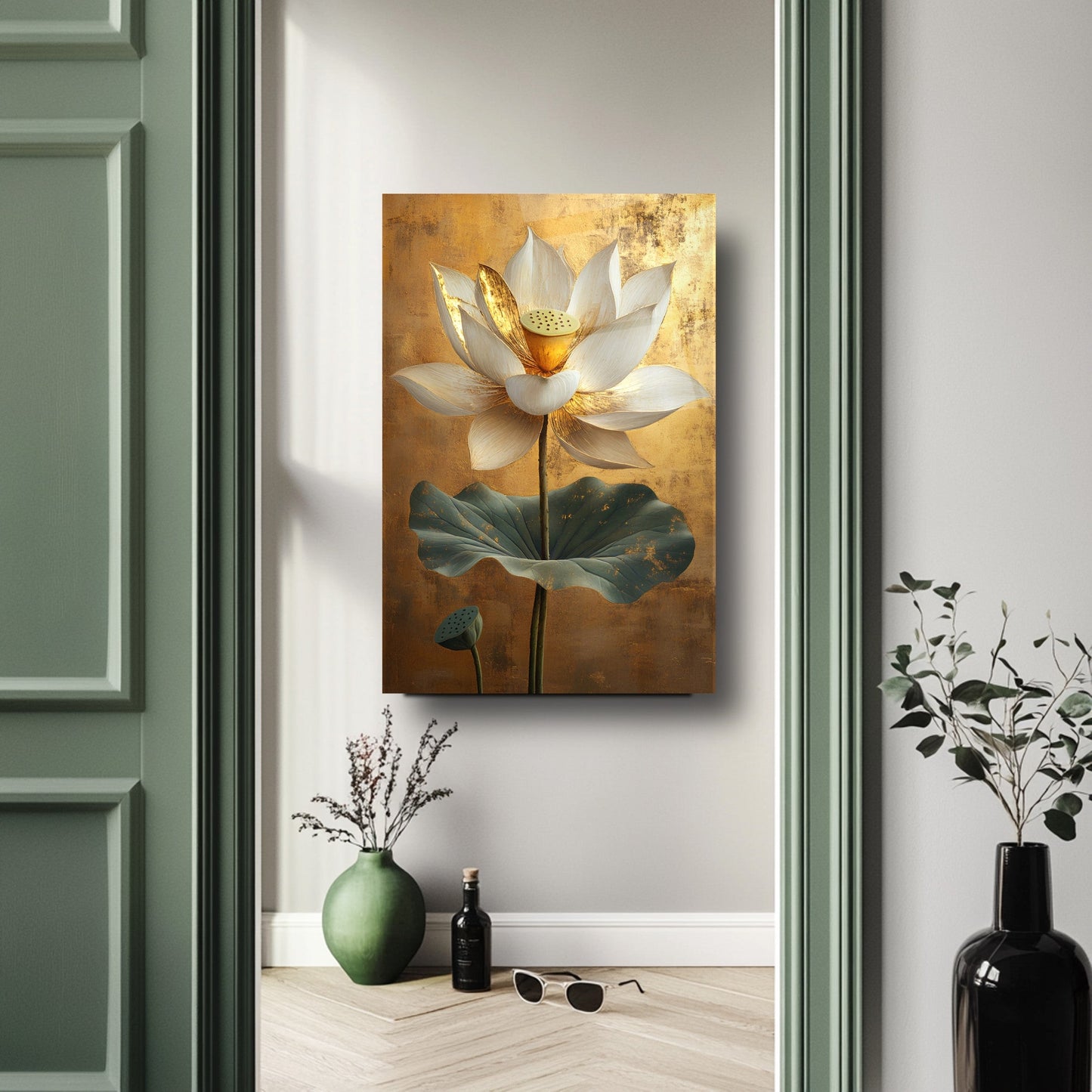 Gold Detaylı Beyaz Çiçek Cam Tablo