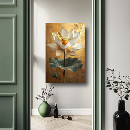 Gold Detaylı Beyaz Çiçek Cam Tablo