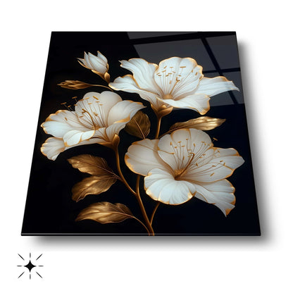 Gold Detaylı Beyaz Çiçek Cam Tablo