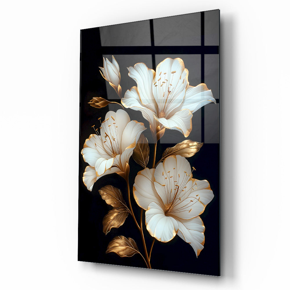 Gold Detaylı Beyaz Çiçek Cam Tablo