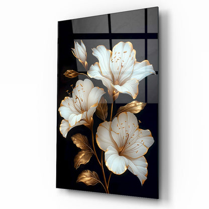 Gold Detaylı Beyaz Çiçek Cam Tablo