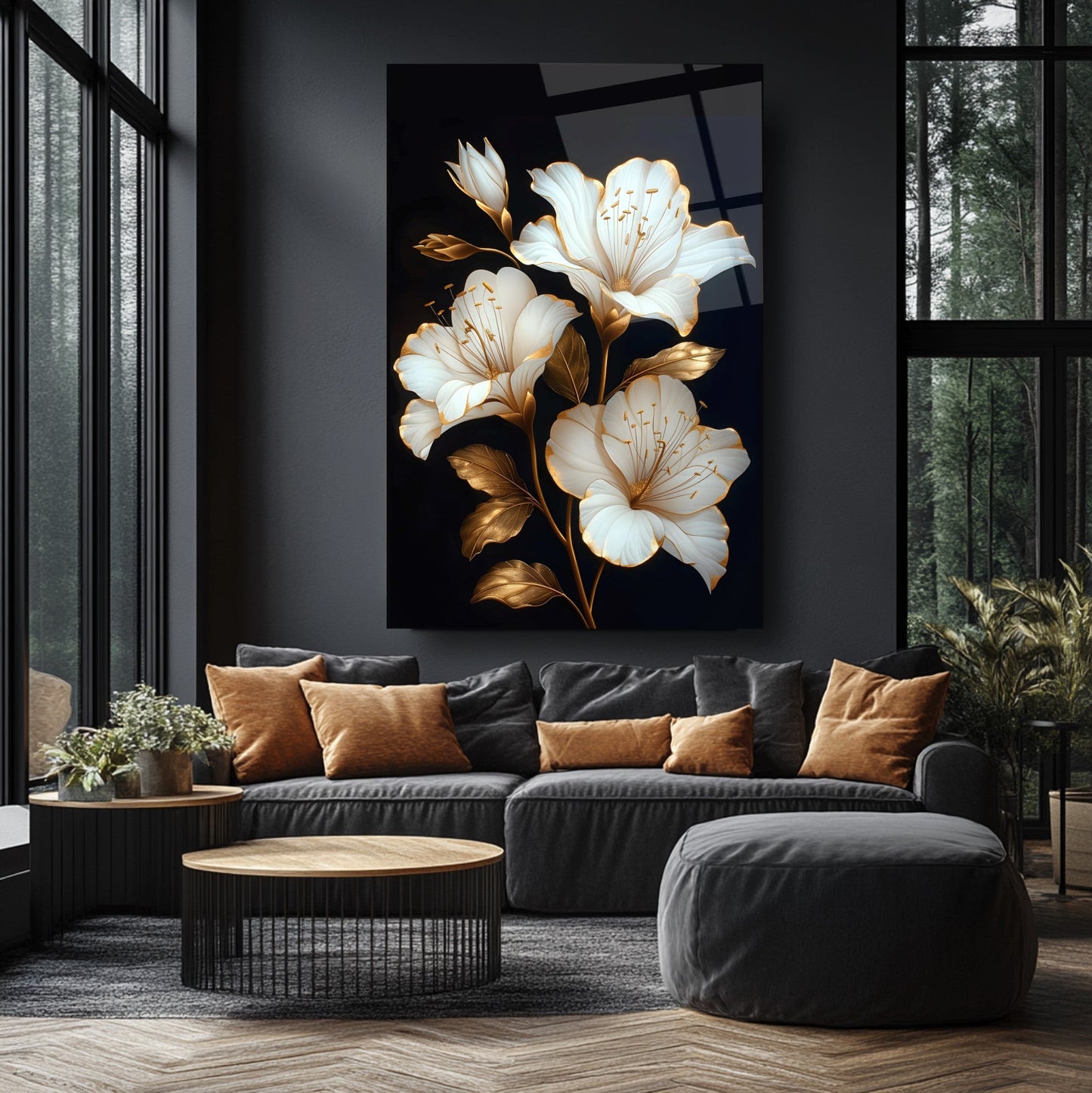 Gold Detaylı Beyaz Çiçek Cam Tablo