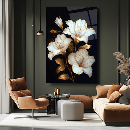 Gold Detaylı Beyaz Çiçek Cam Tablo