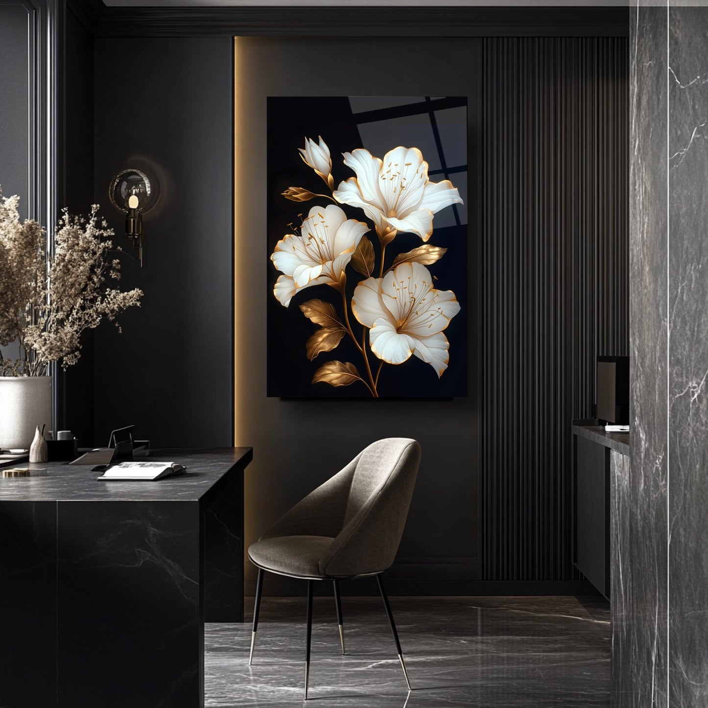 Gold Detaylı Beyaz Çiçek Cam Tablo