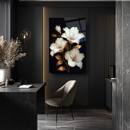 Gold Detaylı Beyaz Çiçek Cam Tablo