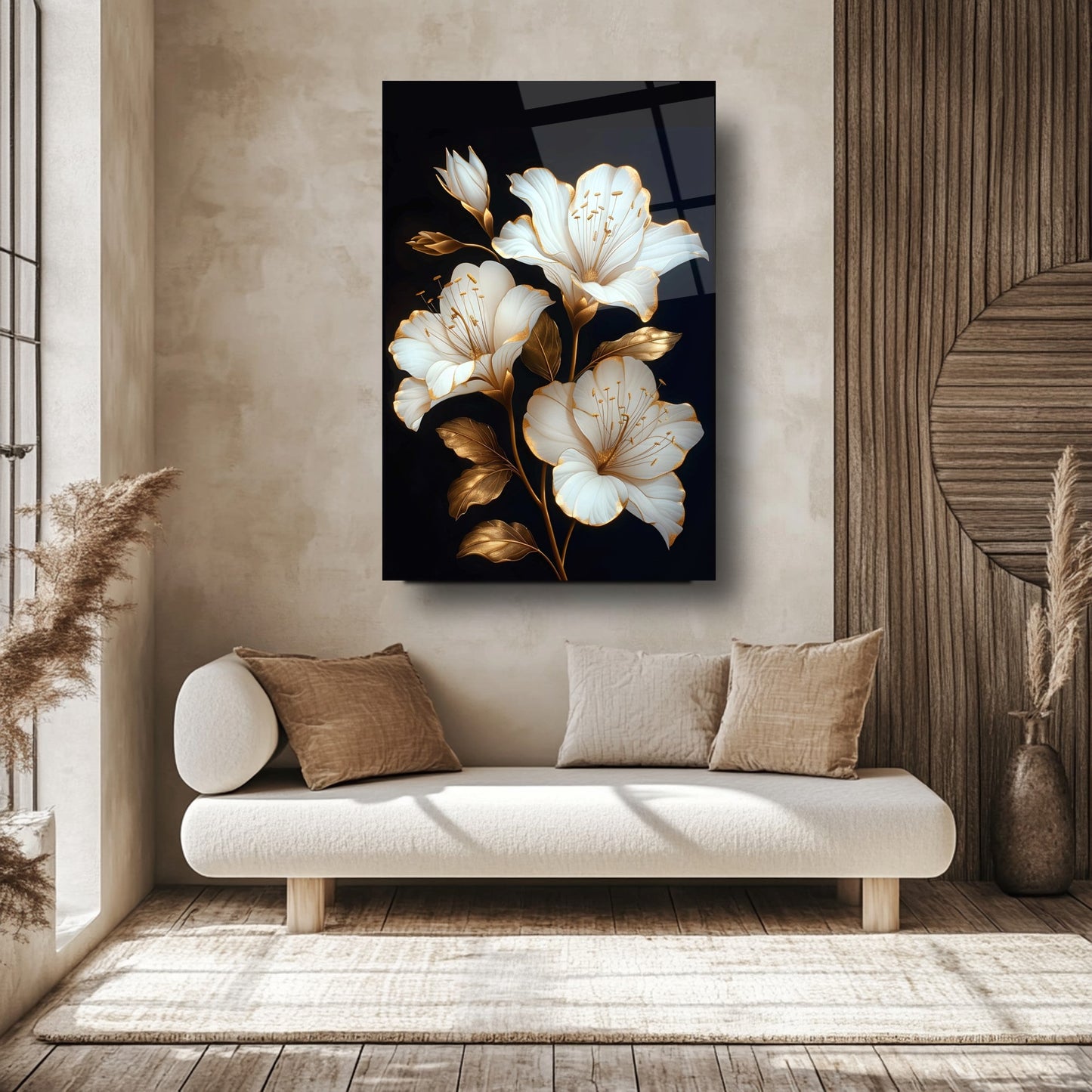 Gold Detaylı Beyaz Çiçek Cam Tablo