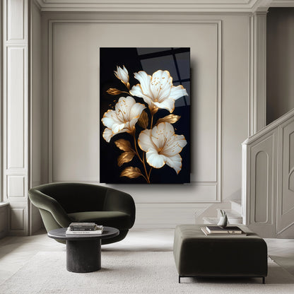 Gold Detaylı Beyaz Çiçek Cam Tablo