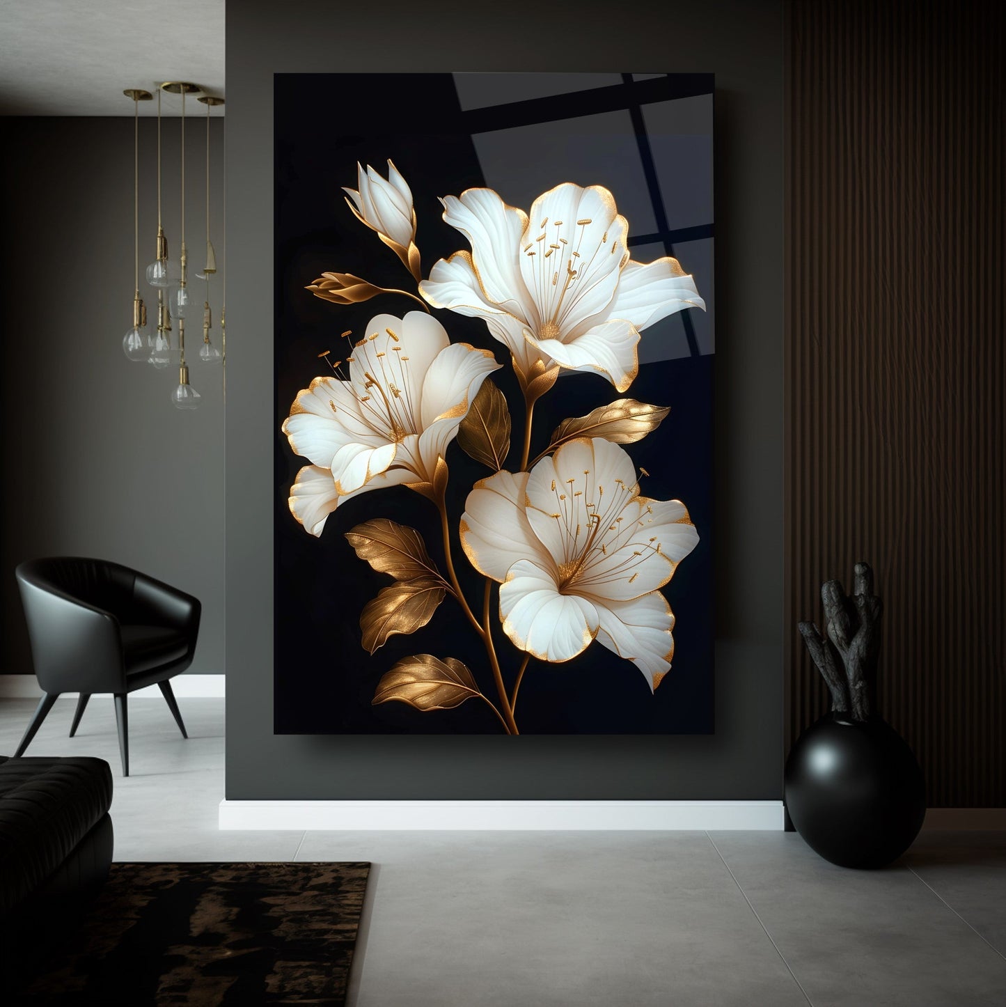 Gold Detaylı Beyaz Çiçek Cam Tablo