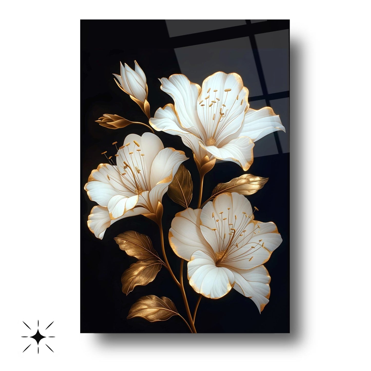 Gold Detaylı Beyaz Çiçek Cam Tablo