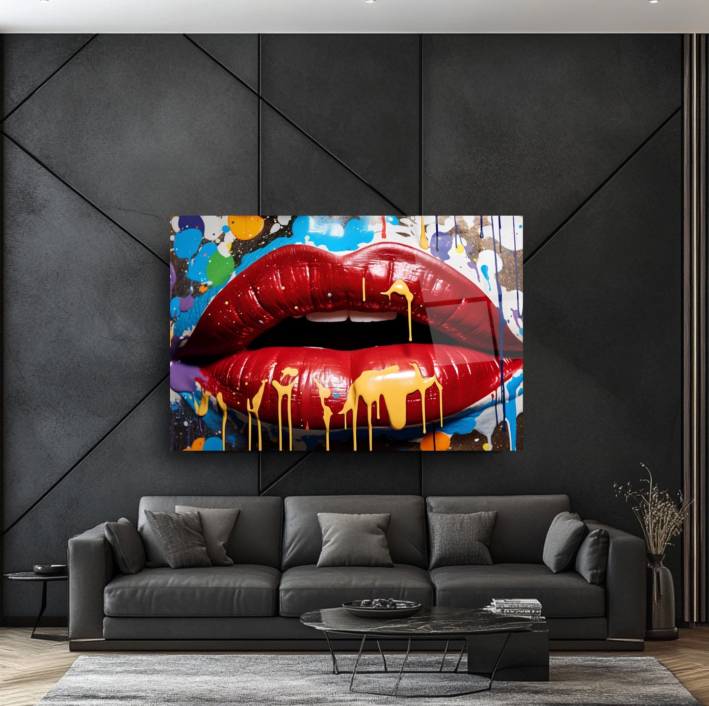 Grafiti Boyalı Dudak Cam Tablo