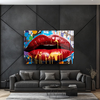 Grafiti Boyalı Dudak Cam Tablo