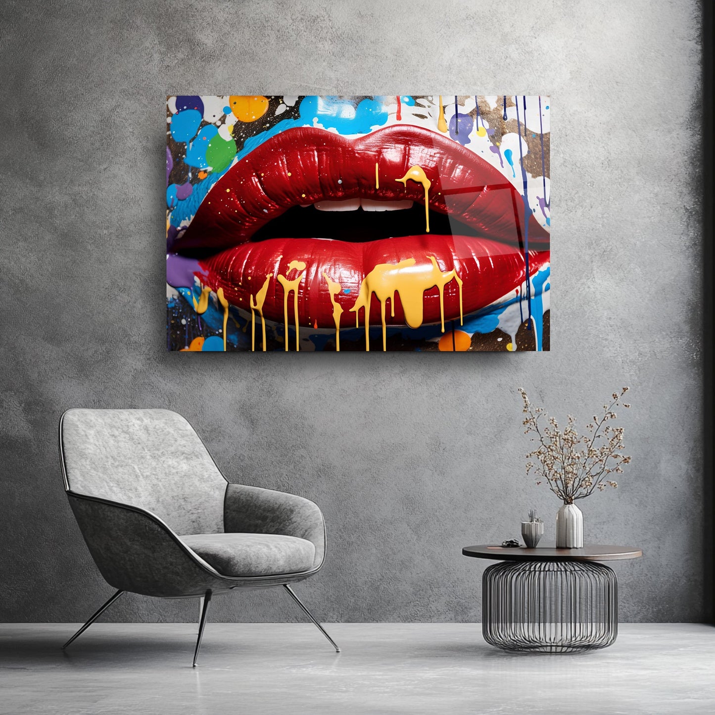 Grafiti Boyalı Dudak Cam Tablo