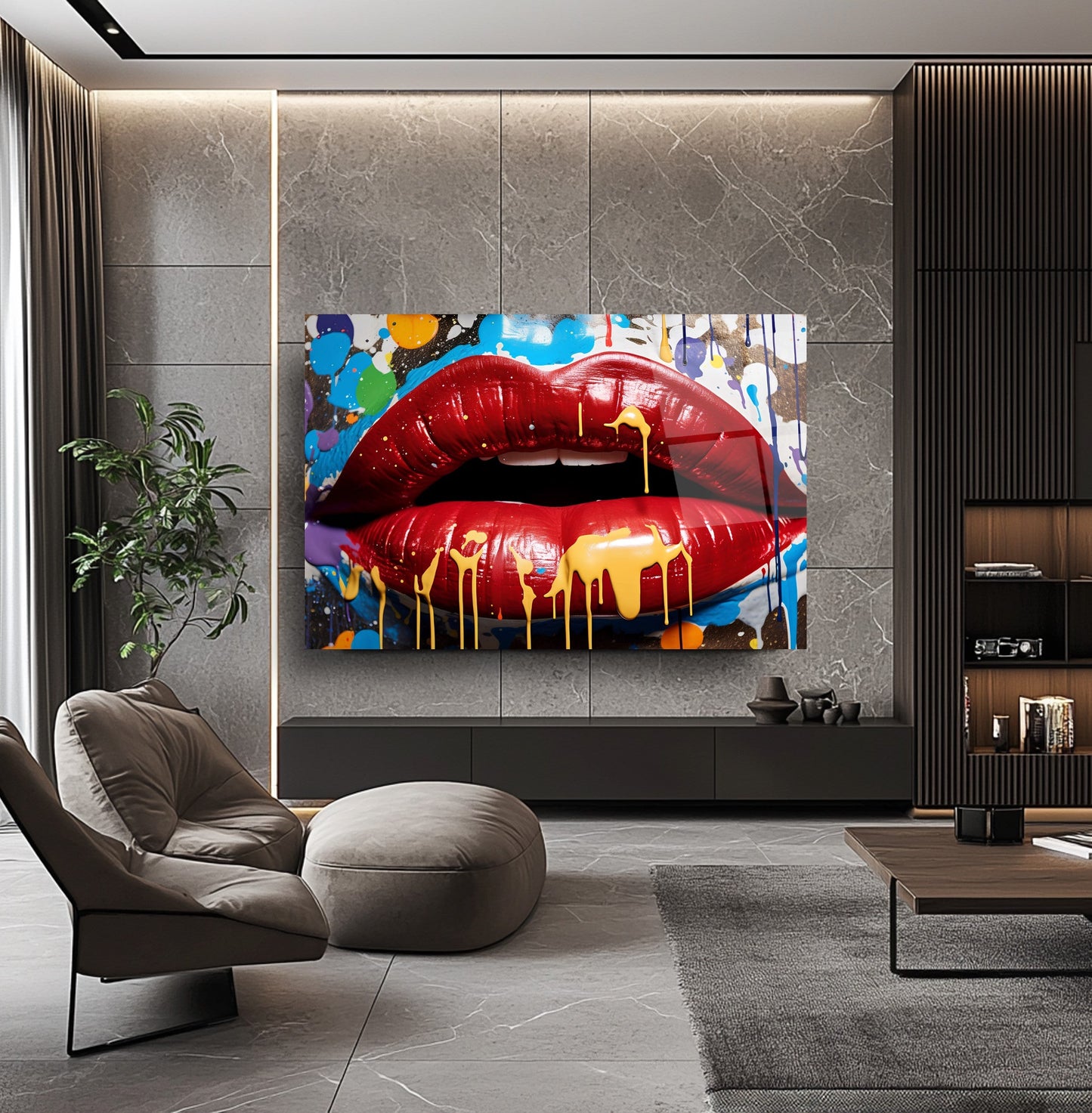 Grafiti Boyalı Dudak Cam Tablo