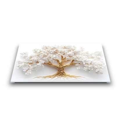 Gold Beyaz Hayat Ağacı Cam Tablo