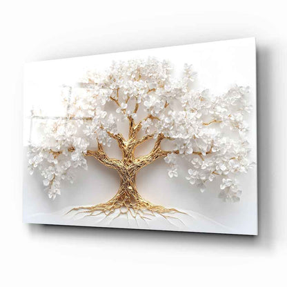 Gold Beyaz Hayat Ağacı Cam Tablo