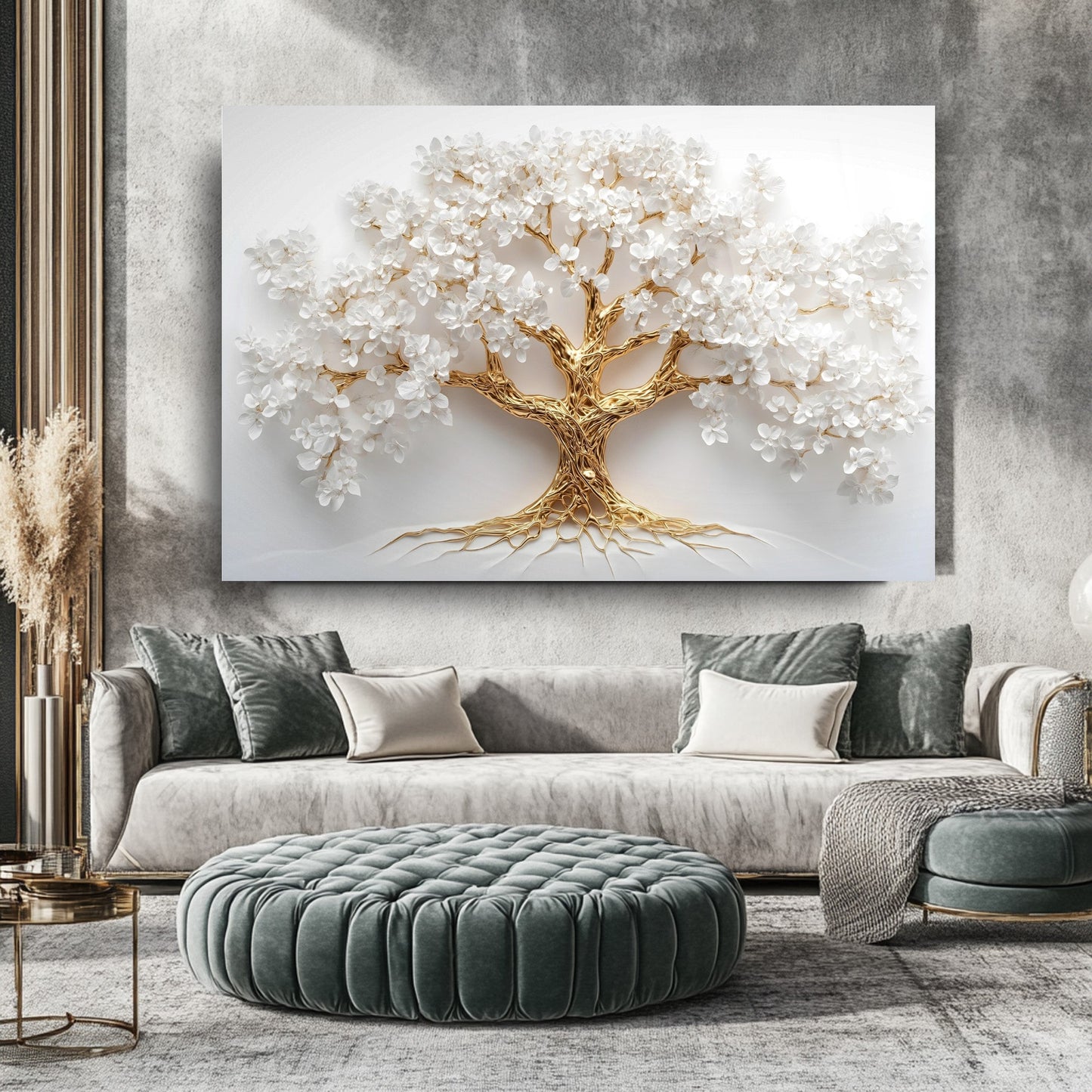 Gold Beyaz Hayat Ağacı Cam Tablo