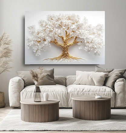 Gold Beyaz Hayat Ağacı Cam Tablo