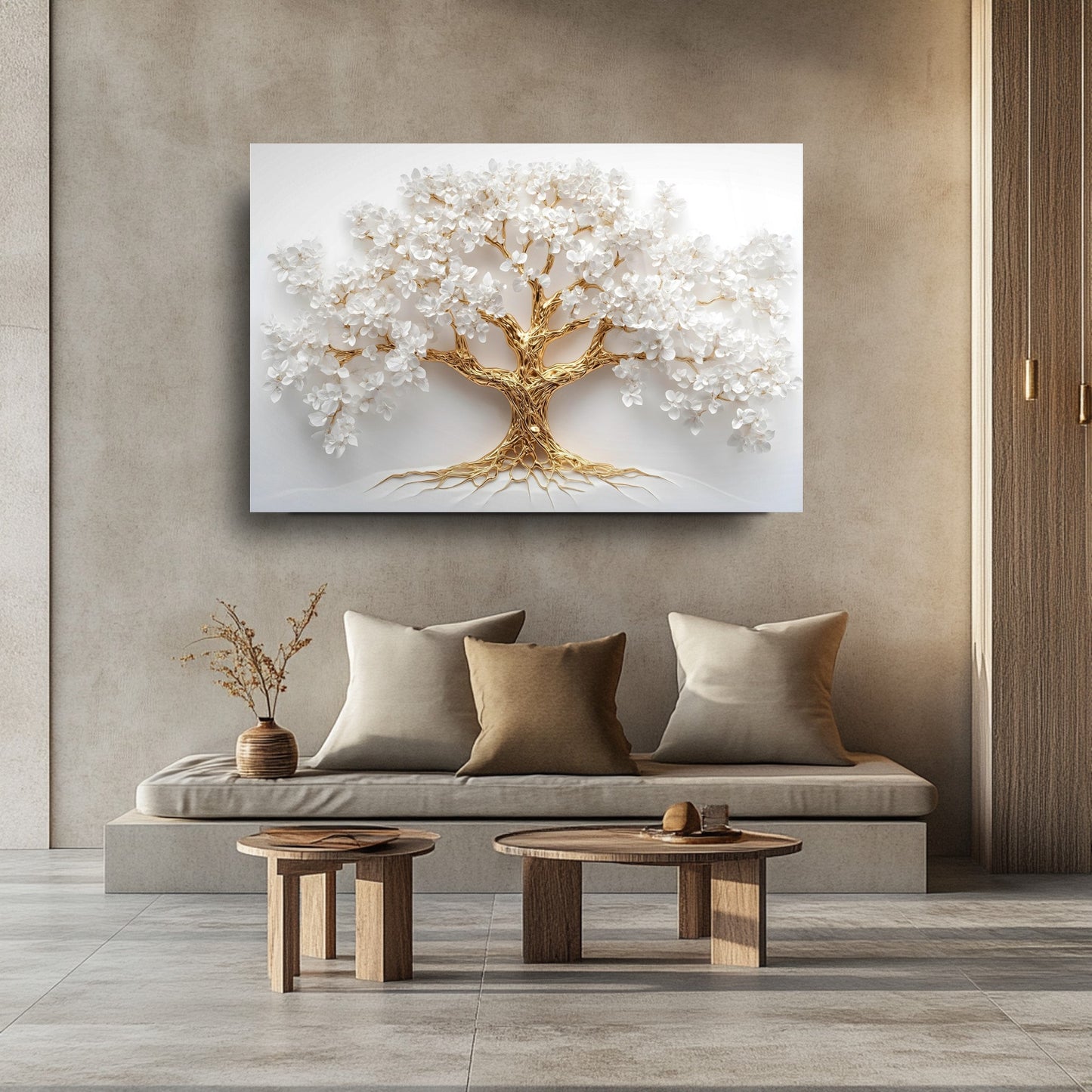 Gold Beyaz Hayat Ağacı Cam Tablo