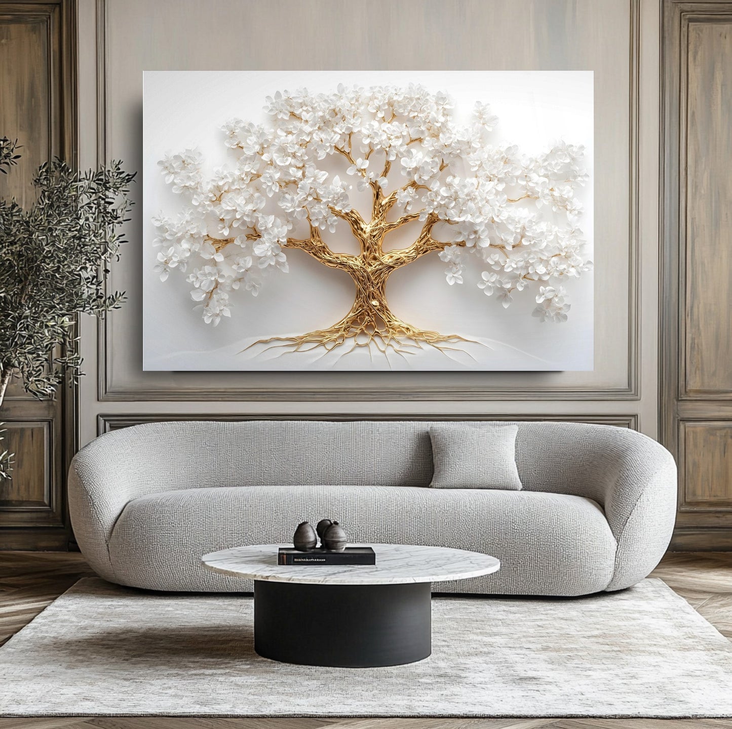 Gold Beyaz Hayat Ağacı Cam Tablo