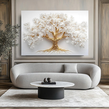 Gold Beyaz Hayat Ağacı Cam Tablo