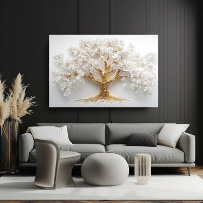 Gold Beyaz Hayat Ağacı Cam Tablo