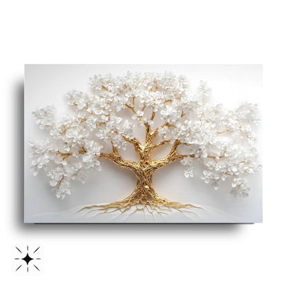 Gold Beyaz Hayat Ağacı Cam Tablo