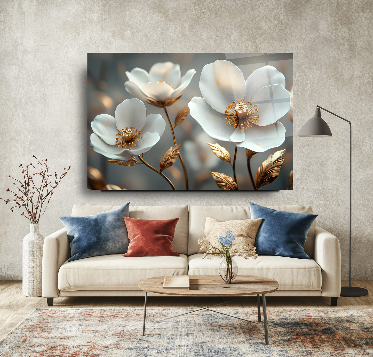 Beyaz Bahar Çiçekleri Cam Tablo