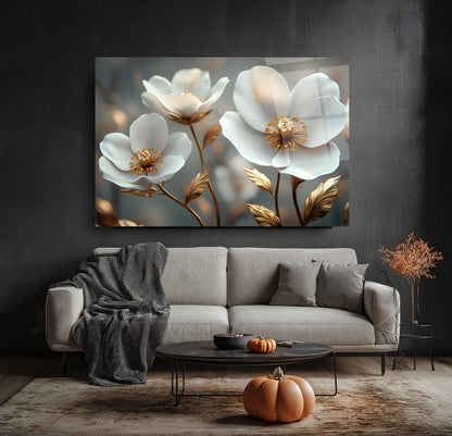 Beyaz Bahar Çiçekleri Cam Tablo