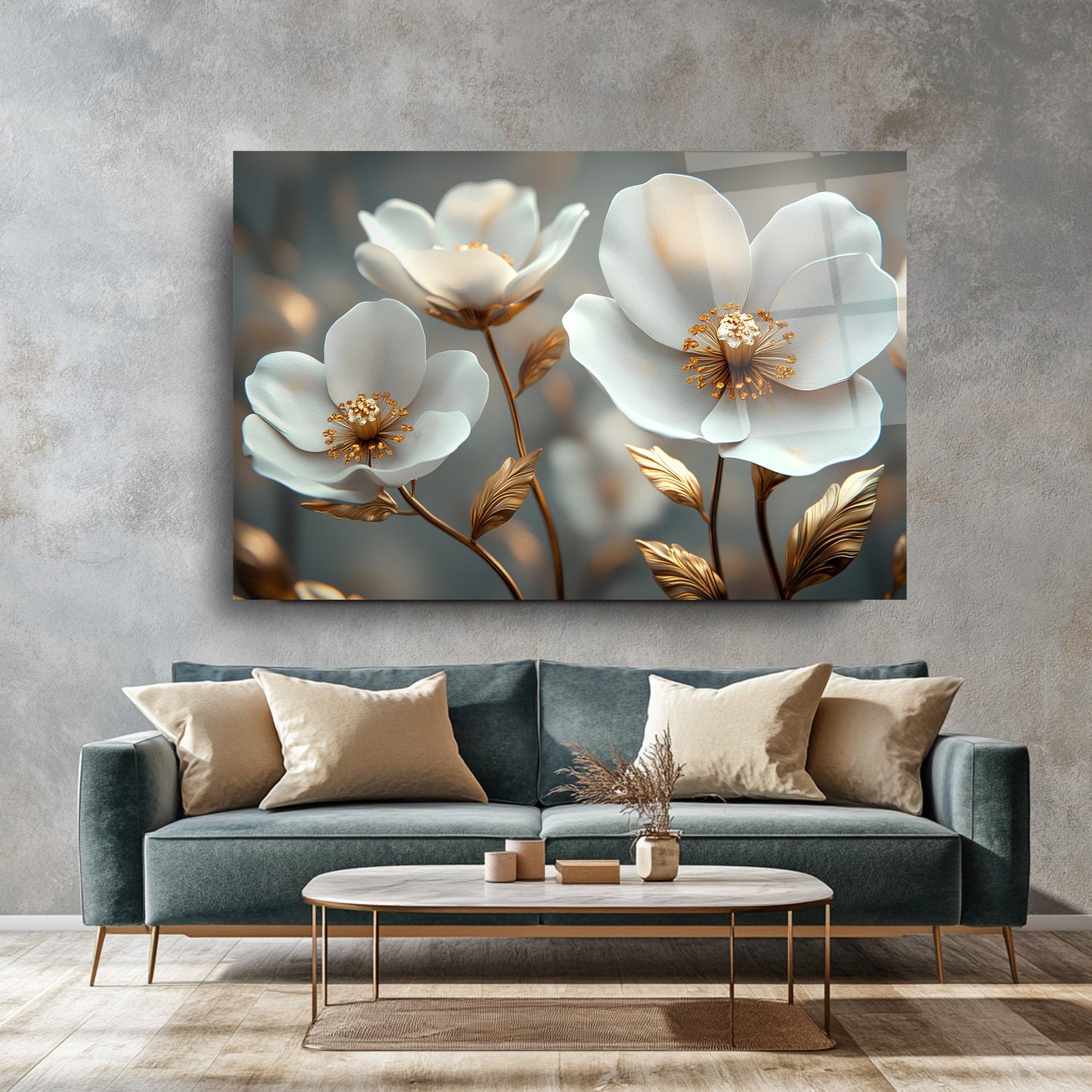 Beyaz Bahar Çiçekleri Cam Tablo