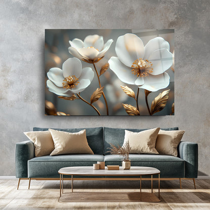 Beyaz Bahar Çiçekleri Cam Tablo