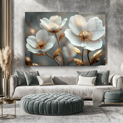 Beyaz Bahar Çiçekleri Cam Tablo