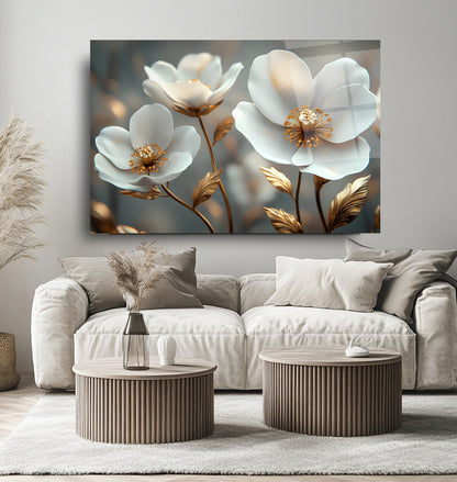 Beyaz Bahar Çiçekleri Cam Tablo