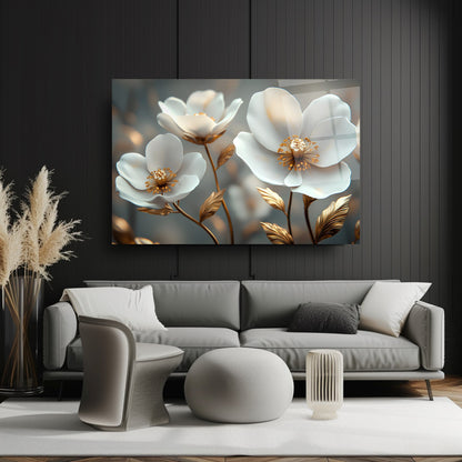 Beyaz Bahar Çiçekleri Cam Tablo