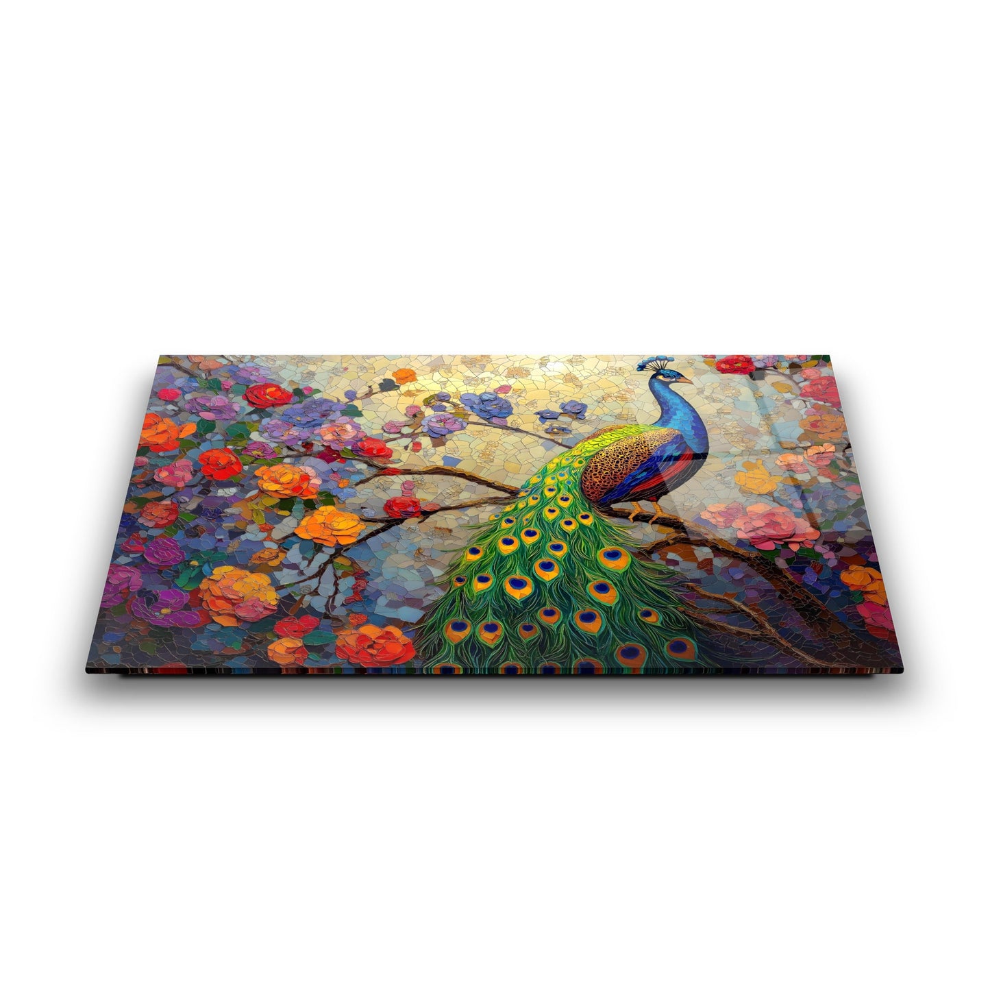 Çiçekli Tavus Kuşu Cam Tablo