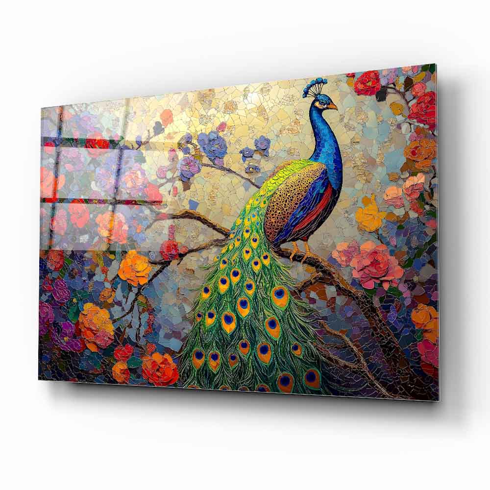 Çiçekli Tavus Kuşu Cam Tablo