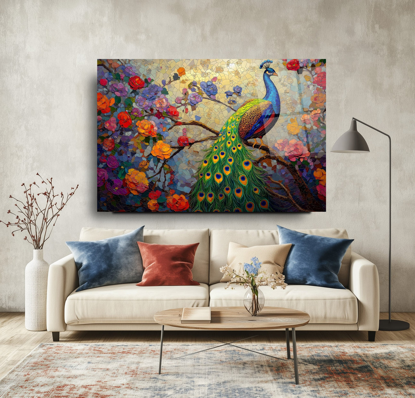 Çiçekli Tavus Kuşu Cam Tablo