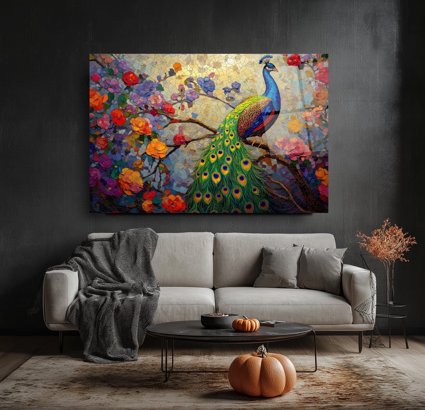 Çiçekli Tavus Kuşu Cam Tablo