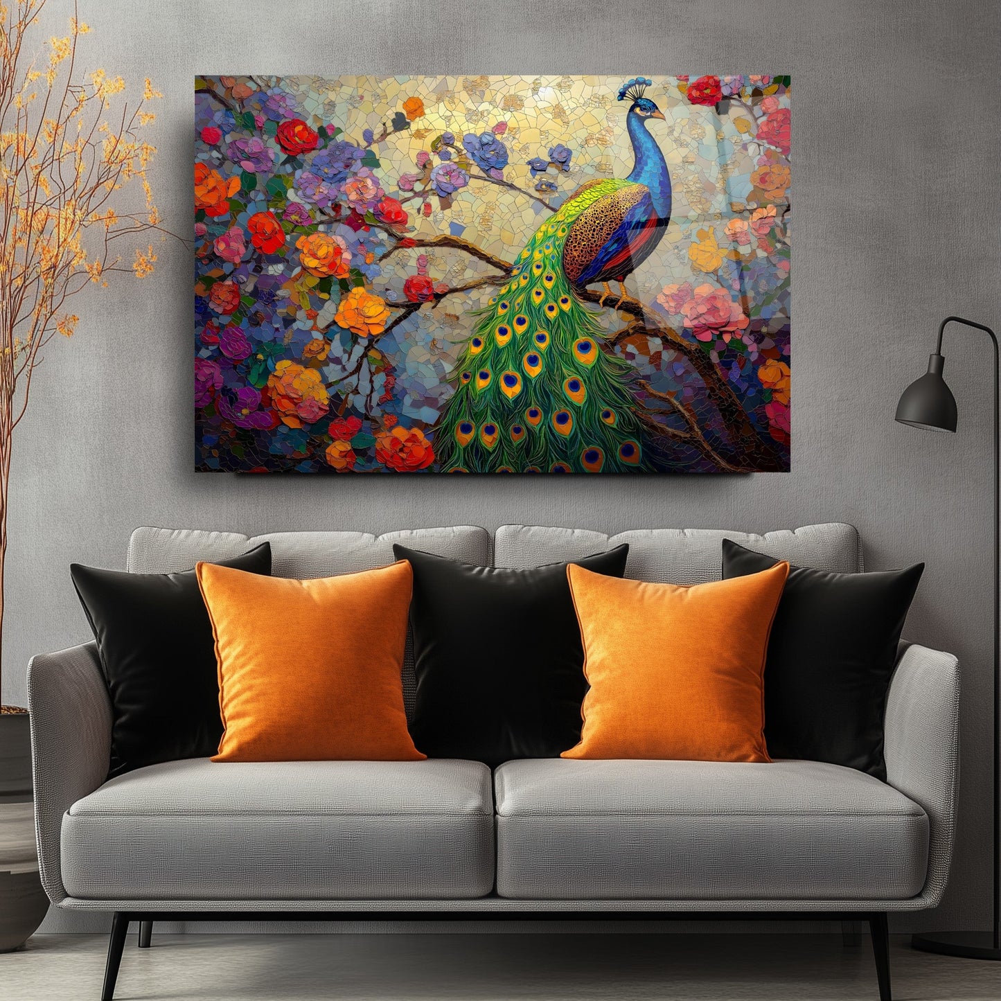 Çiçekli Tavus Kuşu Cam Tablo