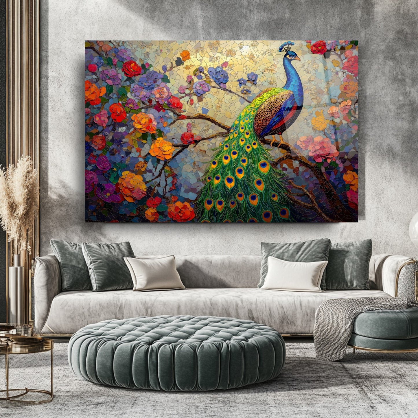 Çiçekli Tavus Kuşu Cam Tablo