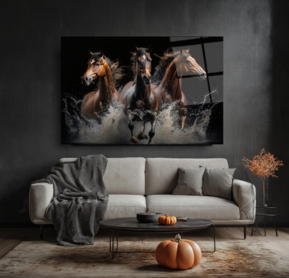 Suda Koşan Atlar Cam Tablo