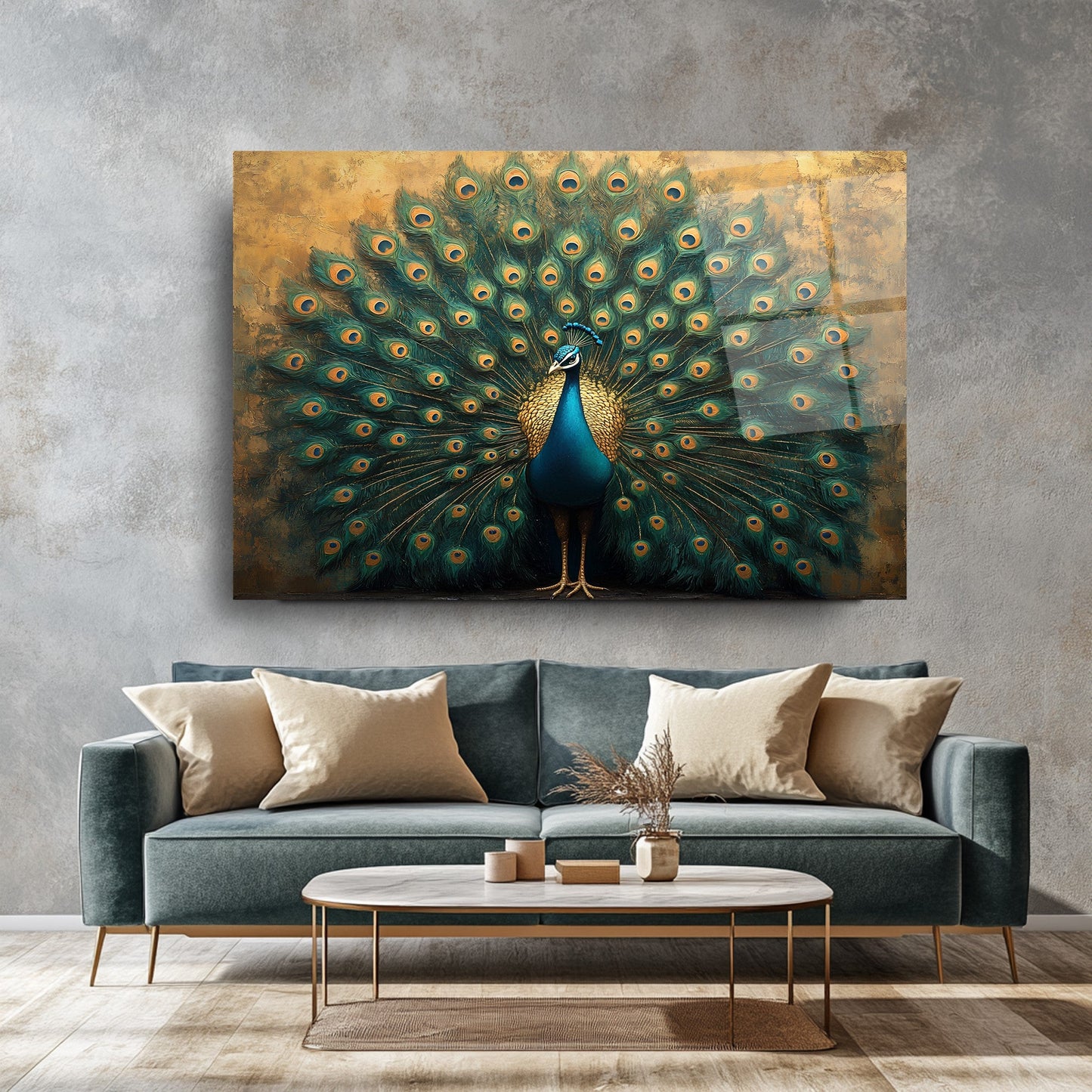 Gold Yeşil Tavus Kuşu Cam Tablo