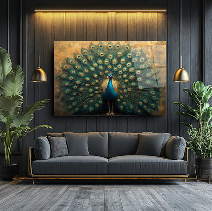 Gold Yeşil Tavus Kuşu Cam Tablo